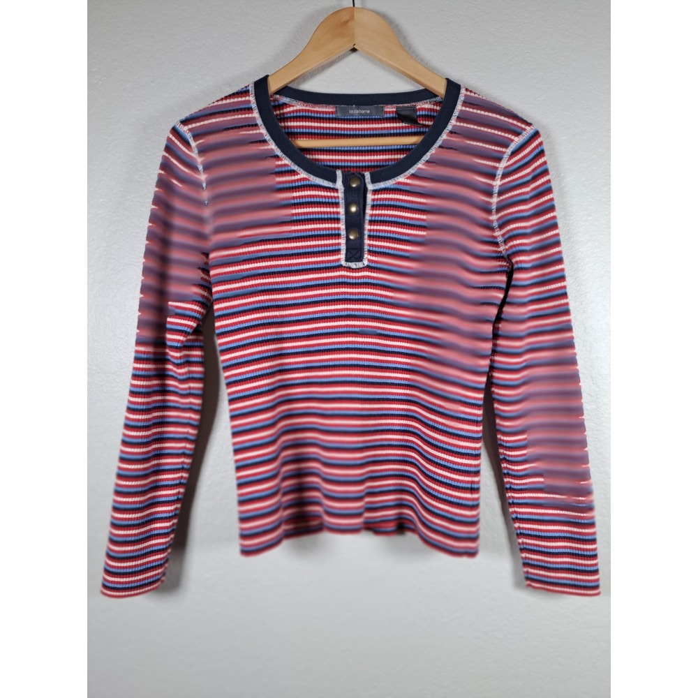 Liz Claiborne Womens Red Blue White Striped Ribbed Long Sleeve Henley Top